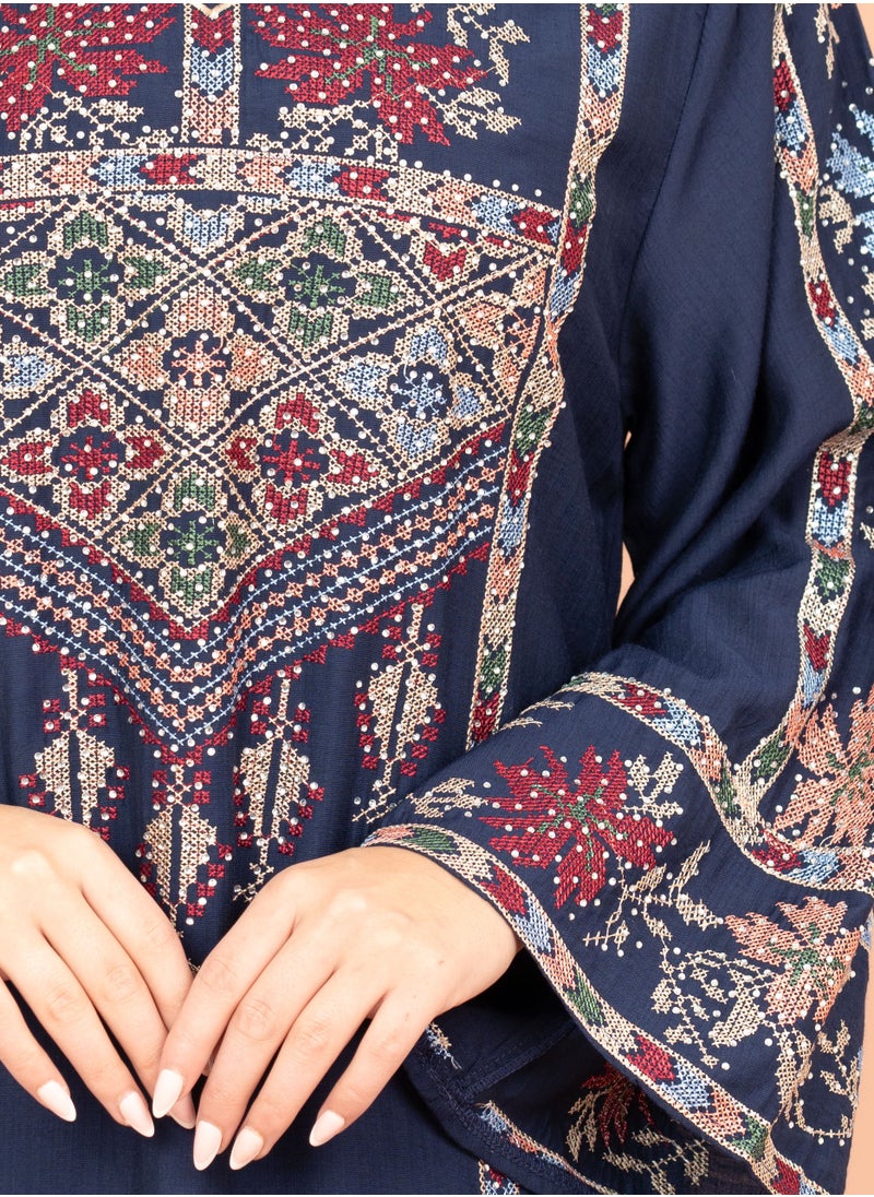 IKKXA Exquisite Embroidered Jalabiya with Delicate Details IK4008 Blue  - Image 2