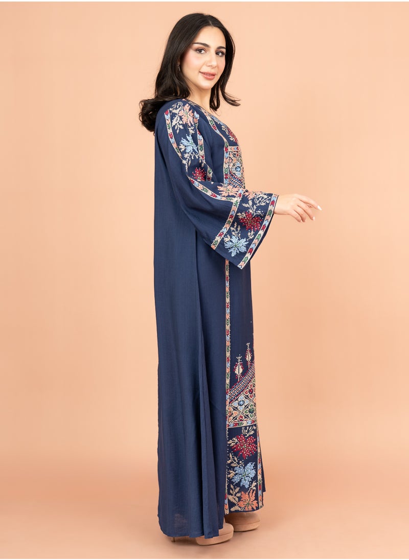 IKKXA Exquisite Embroidered Jalabiya with Delicate Details IK4008 Blue  - Image 3
