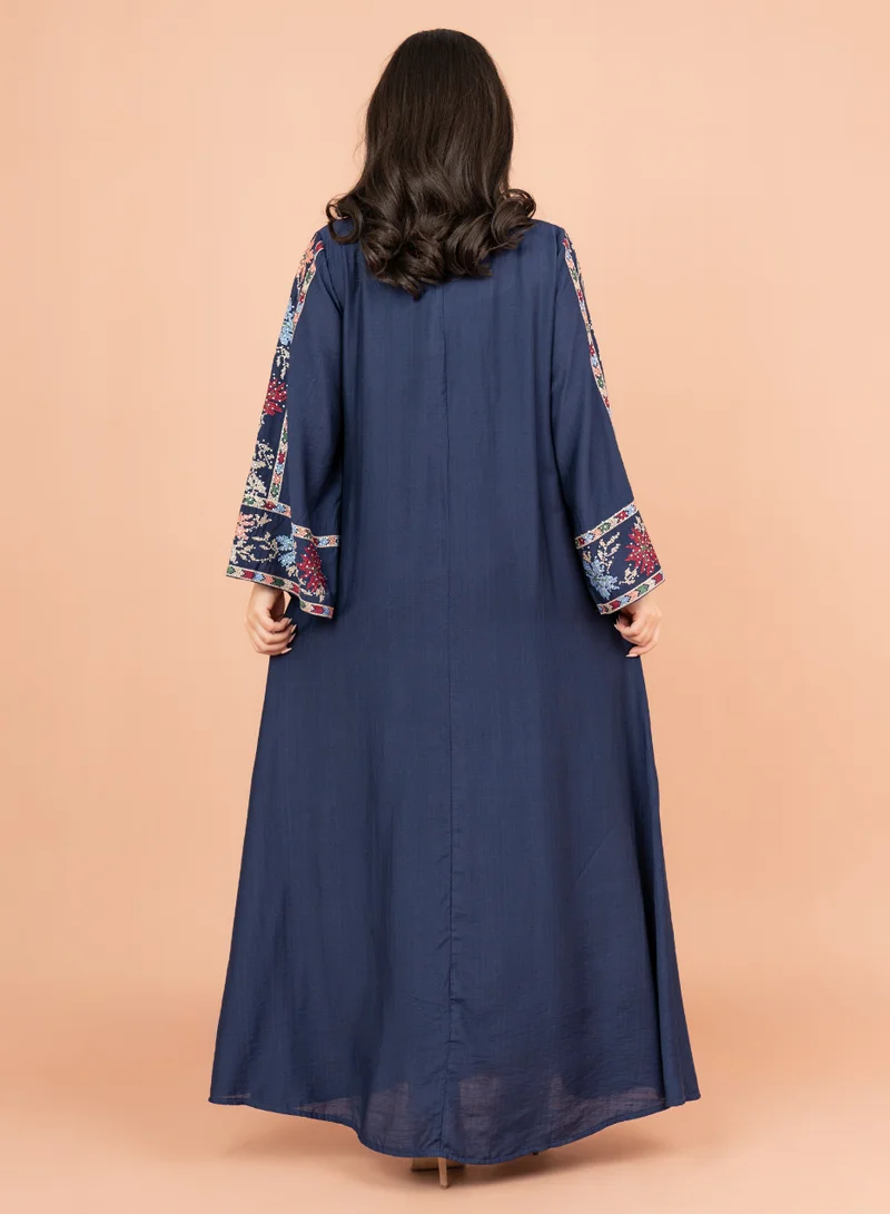 IKKXA Exquisite Embroidered Jalabiya with Delicate Details IK4008 Blue
