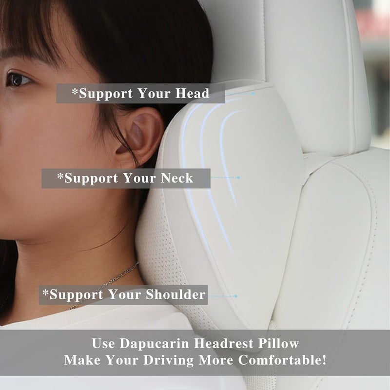 Dapucarin Car Headrest Pillow - 100% Memory Foam with Removable Leather Cover, White - Image 2