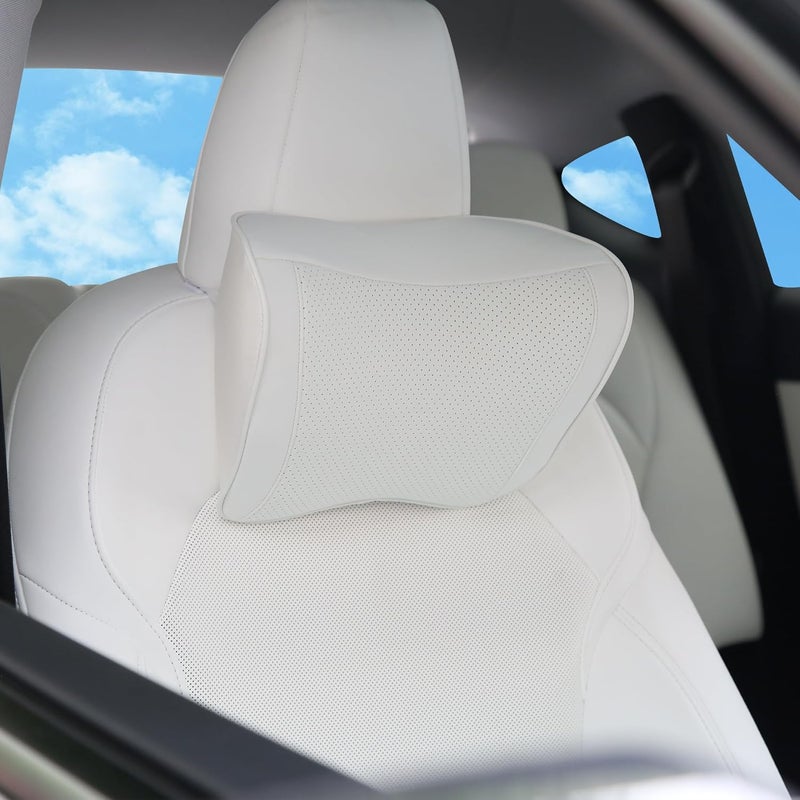 Dapucarin Car Headrest Pillow - 100% Memory Foam with Removable Leather Cover, White - Image 1