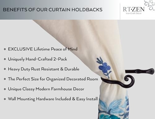 RTZEN Decorative Metal Curtain Tiebacks - Farmhouse Wrought Iron Curtain Holdbacks - Drapery Holders for Wall - Unique Metal Tie Backs for Curtains - 2 Pcs (Black Classic) - Image 2