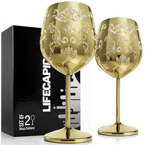 Lifecapido Stainless Steel Wine Glasses Set of 2, 18oz Etched Gold Wine Goblets, Unique Wine Glasses with Intricate Baroque Engravings for Party Wedding Anniversary - Image 1