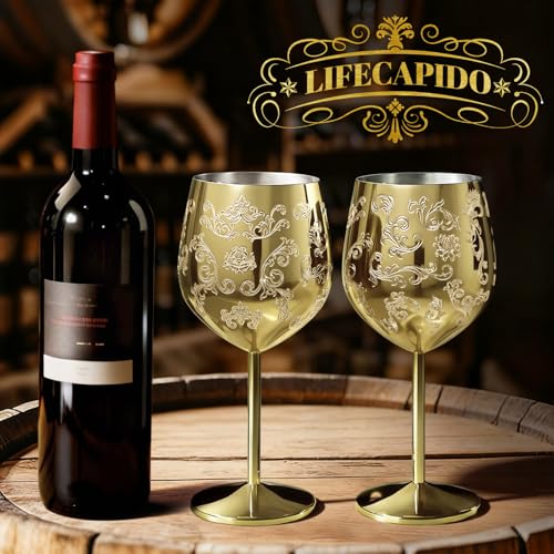 Lifecapido Stainless Steel Wine Glasses Set of 2, 18oz Etched Gold Wine Goblets, Unique Wine Glasses with Intricate Baroque Engravings for Party Wedding Anniversary - Image 2