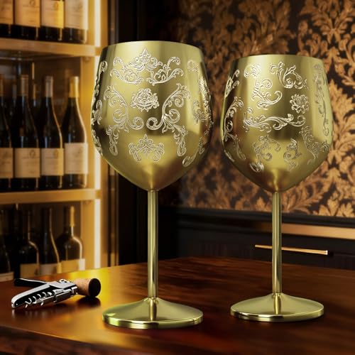 Lifecapido Stainless Steel Wine Glasses Set of 2, 18oz Etched Gold Wine Goblets, Unique Wine Glasses with Intricate Baroque Engravings for Party Wedding Anniversary - Image 5