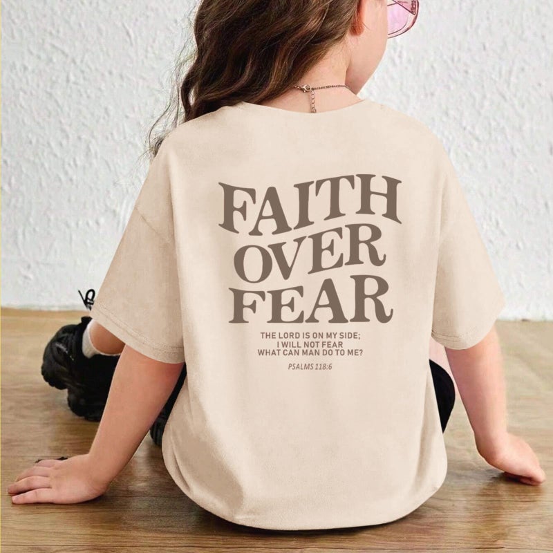 Lubpow Faith Over Fear Shirt Christian Jesus Tshirts for Girls Religious Inspirational Tees Bible Verse Tops for Kids 3-12(Apricot1,140) - Image 3