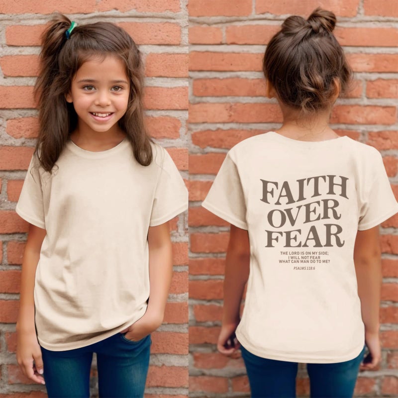 Lubpow Faith Over Fear Shirt Christian Jesus Tshirts for Girls Religious Inspirational Tees Bible Verse Tops for Kids 3-12(Apricot1,140) - Image 2