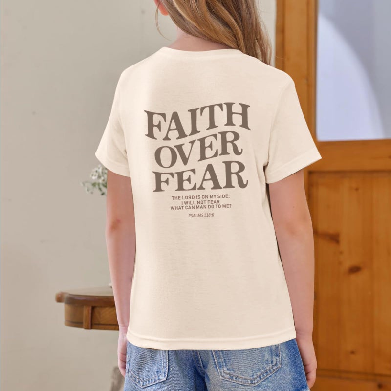 Lubpow Faith Over Fear Shirt Christian Jesus Tshirts for Girls Religious Inspirational Tees Bible Verse Tops for Kids 3-12(Apricot1,140) - Image 5