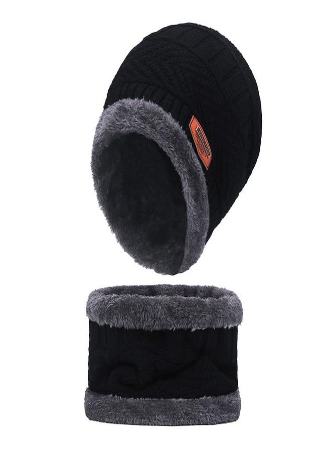 Missby Mens Womens Winter Beanie Hats Scarf Set Warm Knit Hat Thick Fleece Lined Slouchy Cap Neck Warmer combo for Men Women (Black) - Image 1