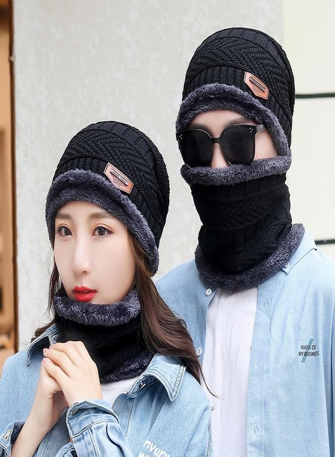 Missby Mens Womens Winter Beanie Hats Scarf Set Warm Knit Hat Thick Fleece Lined Slouchy Cap Neck Warmer combo for Men Women (Black) - Image 2