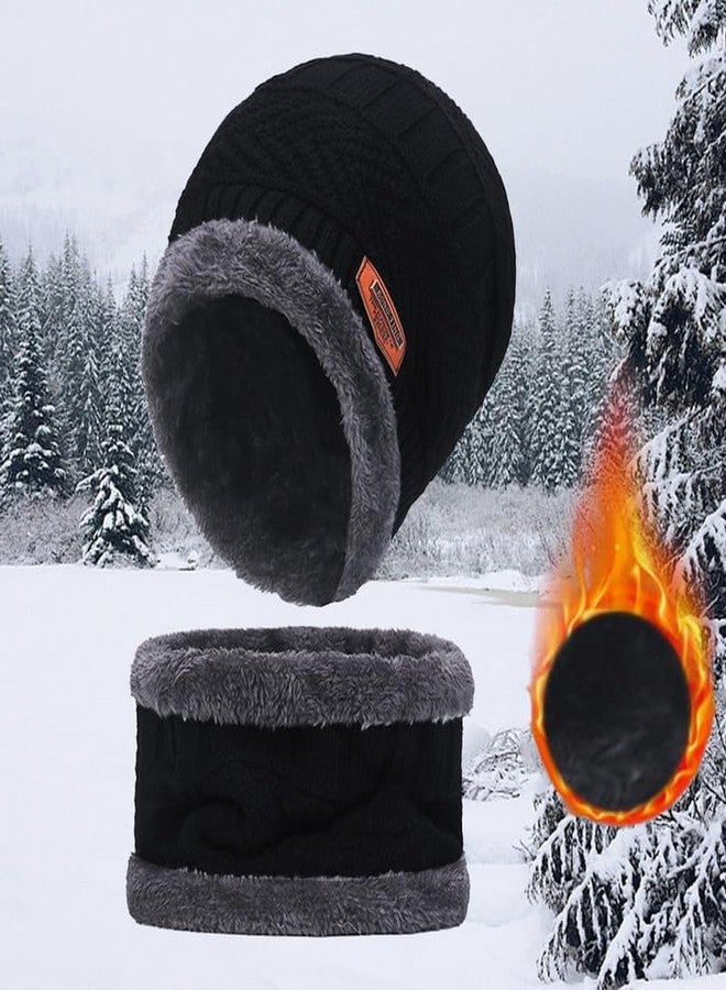 Missby Mens Womens Winter Beanie Hats Scarf Set Warm Knit Hat Thick Fleece Lined Slouchy Cap Neck Warmer combo for Men Women (Black) - Image 3