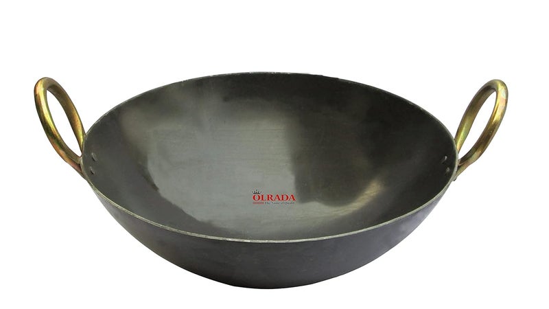 OLRADA Olrada Iron Kadhai Deep Bottom Kadai Frying Kadhai with Golden Rings Black 11inch  - Image 1