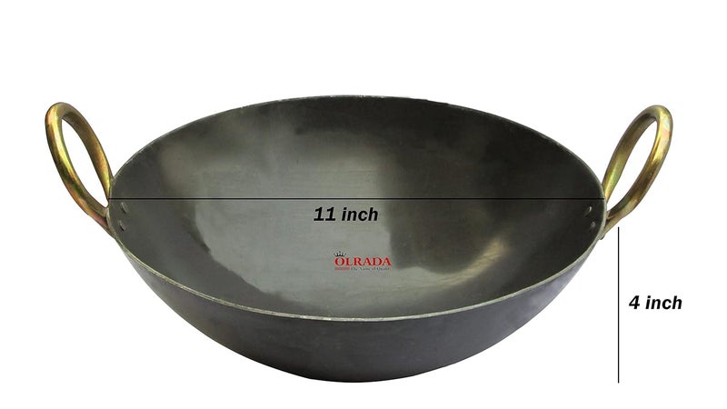 OLRADA Olrada Iron Kadhai Deep Bottom Kadai Frying Kadhai with Golden Rings Black 11inch  - Image 3