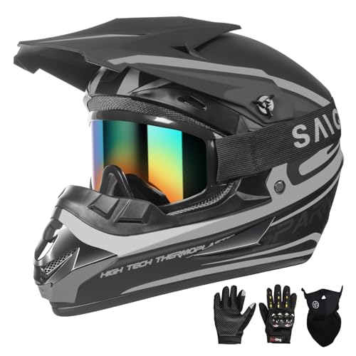 Cutey Youth Kids Motocross Helmet, Adult ATV Dirt Bike Helmet, Off-Road BMX 4-Wheeler Full Face Motorcycle Helmet W/Goggles Gloves & Mask, DOT Approved, Gray, M - Image 1
