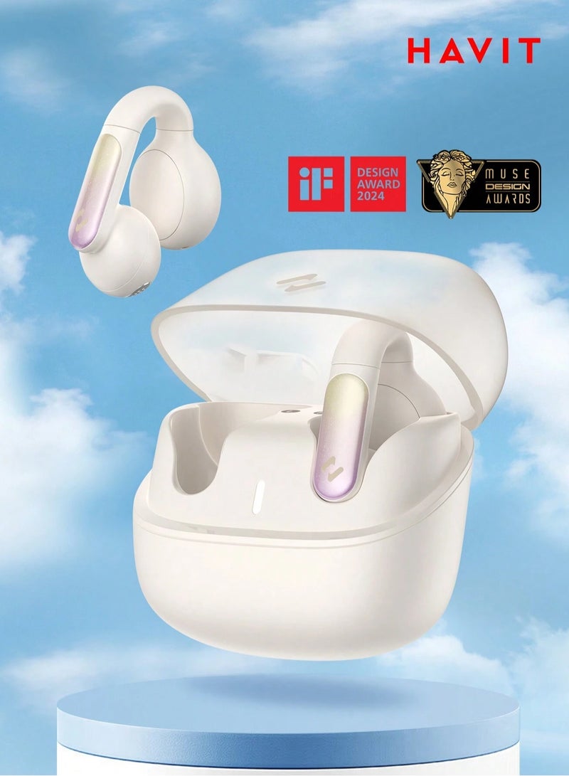havit Open-Ear Clip Headphones with Bluetooth V5.3, Dual Microphones, and High-Quality Stereo Sound, AI Call Noise Cancellation for Clear Calls, Earbud and Ear Hook Design, IPX4 Waterproof Rating, 23 Hours of Playtime with Charging Case, Type-C Charging, and Smart touch controls- Beige  - Image 1