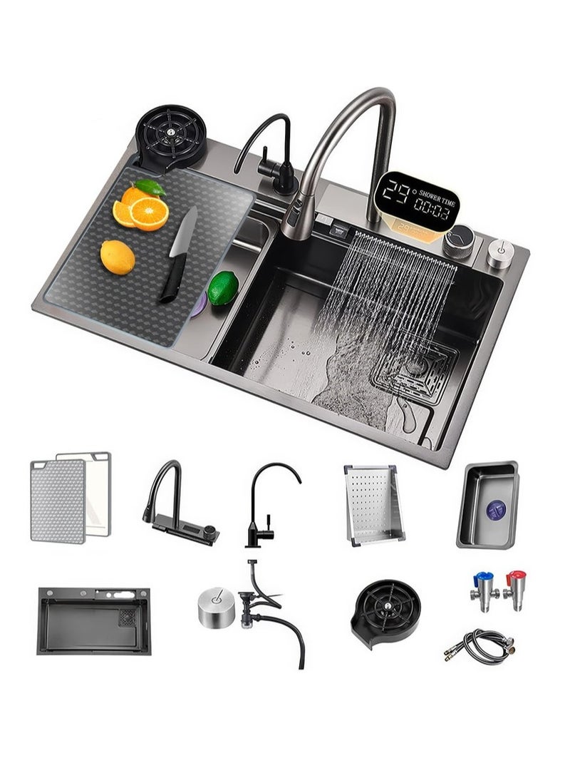 Arabest Kitchen Sink 304 Stainless Steel Single Bowl Kitchen Sinks, Digital Display Waterfall Sink, With Pull Down Sprayhead Faucet, With Pressurized Cup Washer and Two Waterfalls - Image 1