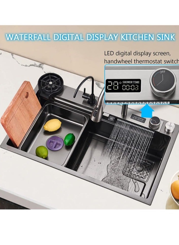 Arabest Kitchen Sink 304 Stainless Steel Single Bowl Kitchen Sinks, Digital Display Waterfall Sink, With Pull Down Sprayhead Faucet, With Pressurized Cup Washer and Two Waterfalls - Image 2