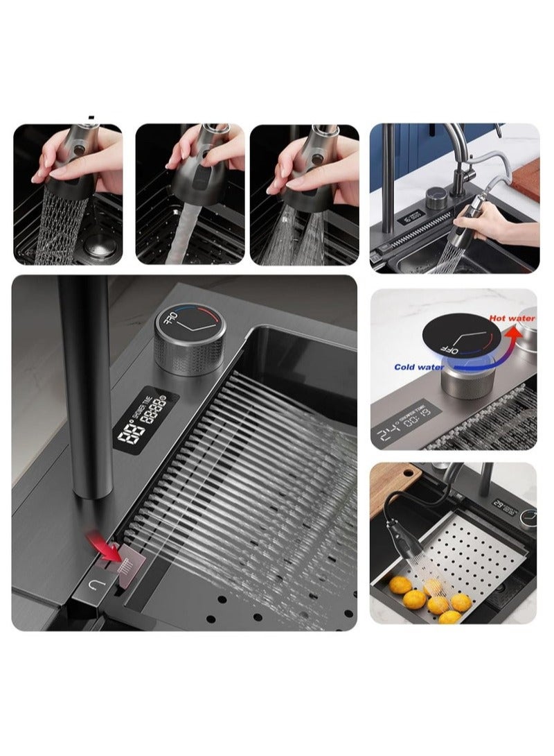 Arabest Kitchen Sink 304 Stainless Steel Single Bowl Kitchen Sinks, Digital Display Waterfall Sink, With Pull Down Sprayhead Faucet, With Pressurized Cup Washer and Two Waterfalls - Image 3