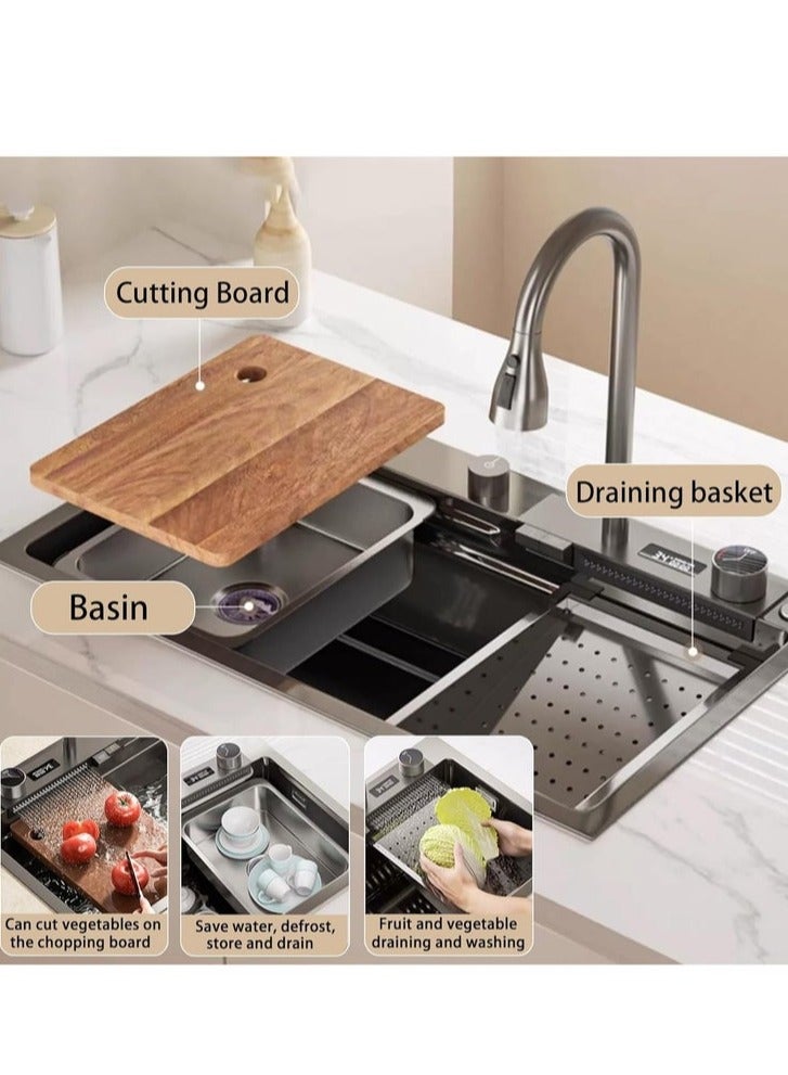 Arabest Kitchen Sink 304 Stainless Steel Single Bowl Kitchen Sinks, Digital Display Waterfall Sink, With Pull Down Sprayhead Faucet, With Pressurized Cup Washer and Two Waterfalls - Image 4
