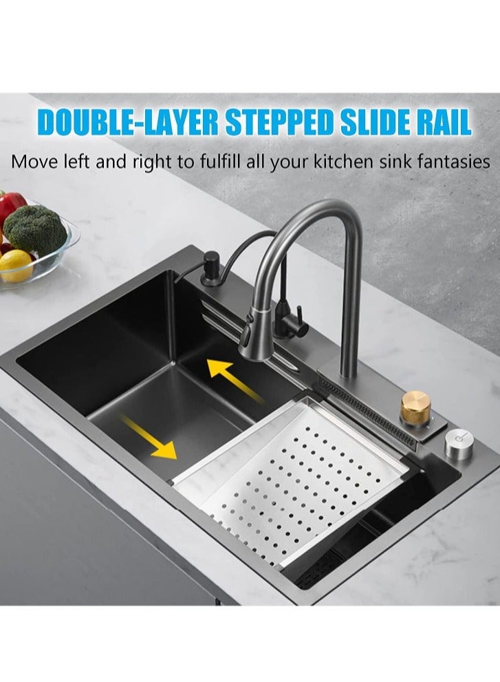 Arabest Kitchen Sink 304 Stainless Steel Single Bowl Kitchen Sinks, Digital Display Waterfall Sink, With Pull Down Sprayhead Faucet, With Pressurized Cup Washer and Two Waterfalls - Image 5