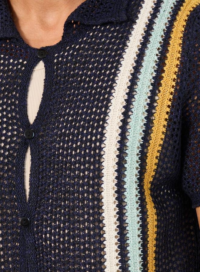 Styli Striped Open Crochet Knit Relaxed Shirt  - Image 4
