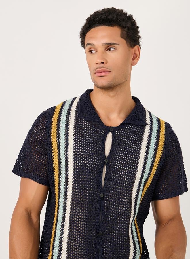 Styli Striped Open Crochet Knit Relaxed Shirt  - Image 1