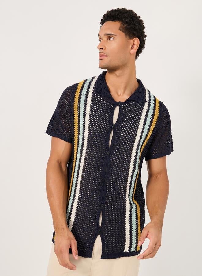Styli Striped Open Crochet Knit Relaxed Shirt  - Image 3