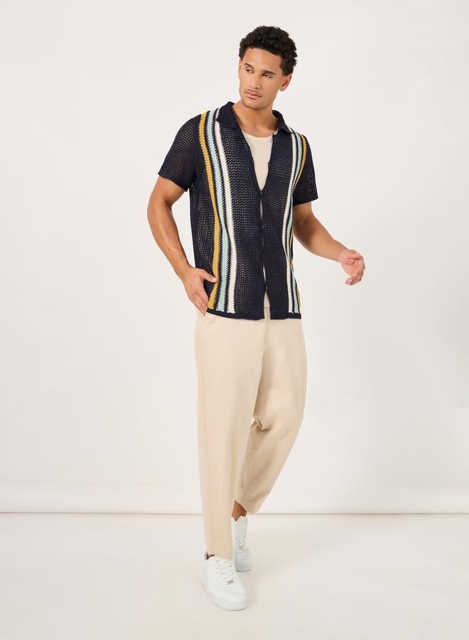 Styli Striped Open Crochet Knit Relaxed Shirt  - Image 2