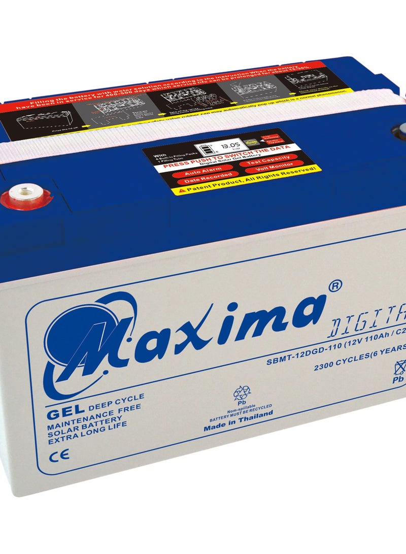 Maxima  Digital Gel Battery 110Ah, Rechargable Batteries, Maintenance Free Battery, Gel Deep Cycle Battery, 12V/110Ah solar battery with status indication (LCD) display