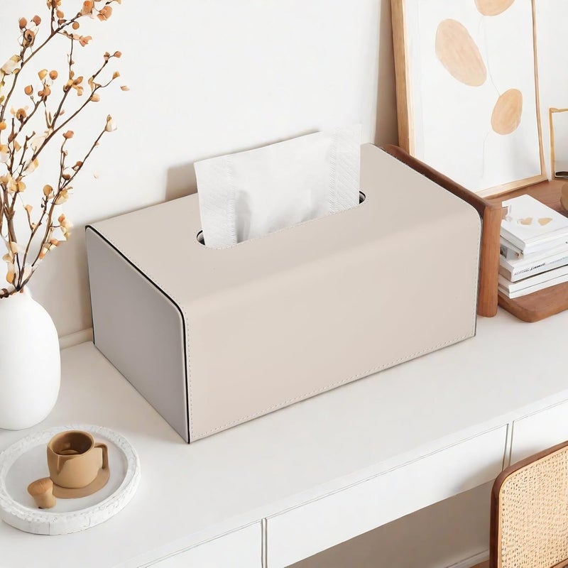 KINGFOM Tissue Box Cover, PU Leather Rectangular Tissue Box Holder with Magnetic Bottom Cover for Facial Tissues/Napkins, Office & Living Room Decor Box (Beige) - Image 5