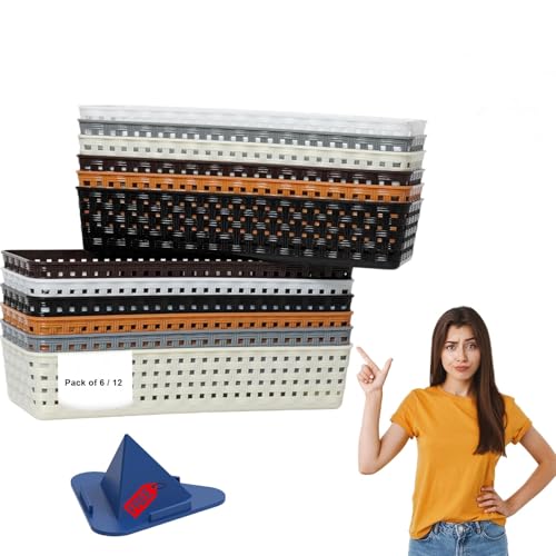 RUSHIL WERE Plastic Desk Organizer Basket | 1 Free Mobile Stand | Office Drawer Dividers | Storage Tray for Kitchen, Bathroom, Office, Makeup, Bedroom | Multicolour | 23 × 8 × 5 cm |Plastic |Pack of 6 - Image 1
