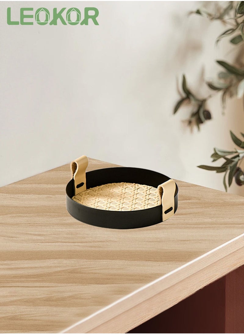 LEOKOR Round Rattan Serving Tray with Leather Handles - Elegant Decorative Tray and Storage Tray for Food, Drinks Makeups, Jewelry, Size S  - Image 1