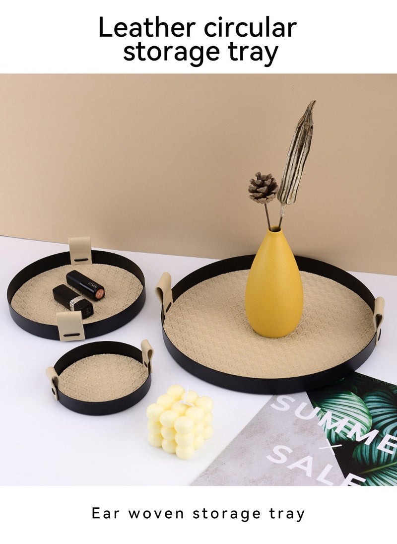 LEOKOR Round Rattan Serving Tray with Leather Handles - Elegant Decorative Tray and Storage Tray for Food, Drinks Makeups, Jewelry, Size S  - Image 3