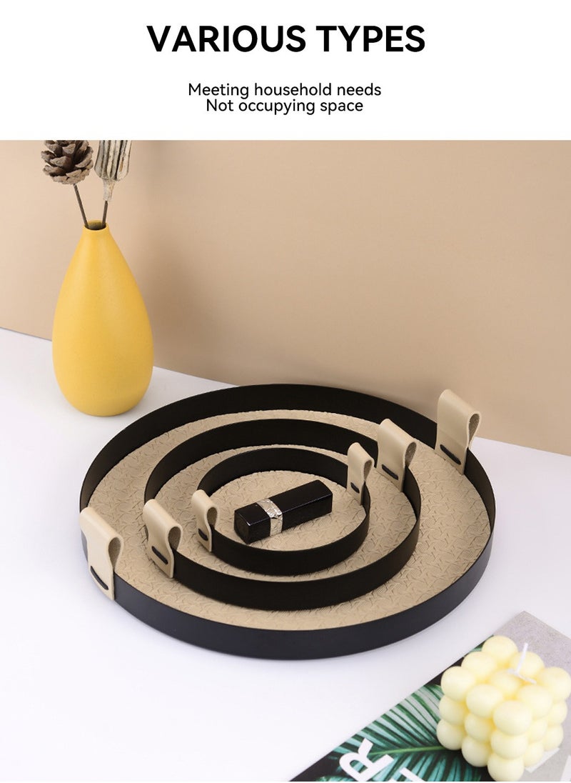 LEOKOR Round Rattan Serving Tray with Leather Handles - Elegant Decorative Tray and Storage Tray for Food, Drinks Makeups, Jewelry, Size S  - Image 4