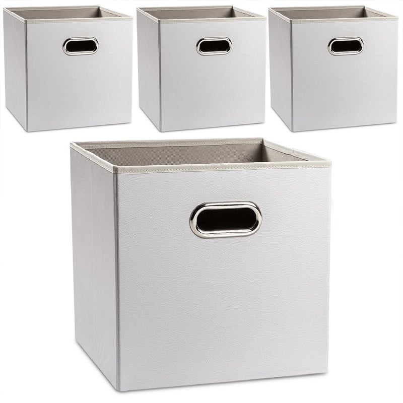 PRANDOM Leather Foldable Cube Storage Bins 13x13 inch 4Pack Fabric Storage Baskets Cubes Drawer with Cotton Handles Organizer for Shelves Nursery Closet Bedroom Clothes Cream