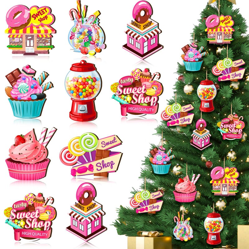 Yulejo 24 Pcs Christmas Candy Ornaments Pastel Wooden Christmas Tree Decorations Candy Cane Cake Lollipop Ice Cream Ornaments with Rope for Home Xmas Tree Topper DIY Party Decor - Image 2