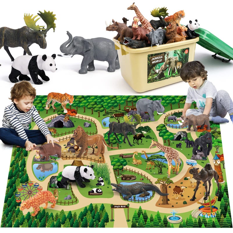 FRUSE Safari Animals Figures Toys w 57x385Jumbo Play Mat12PCS Realistic Jungle Wild Zoo Animals Figurines Playset with PandaLionElephantEducational Learning Toys for Toddlers Kids