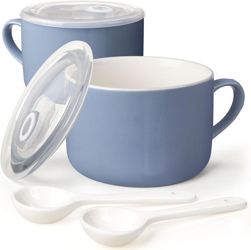 Wareland Soup Bowls with Handles  Spoons 30oz Ceramic Ramen Bowl with Lid Large Soup MugsCups for Instant Noodle Big Cereal Bowls for Oatmeal Soup Containers with Lids Set of 2 Sky Blue - Image 1