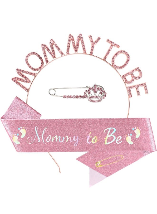Set of 3 Mommy to be Baby Shower Decorations Set, Mommy to be Sash and Tiara and Brooch Set, Mother to be Crown, Mommy to be Pin, Maternity Gift for Her, for Gender Reveal and Baby Showers, Pink - Image 1