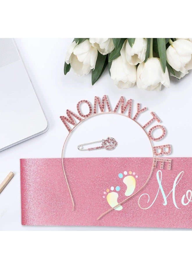 Set of 3 Mommy to be Baby Shower Decorations Set, Mommy to be Sash and Tiara and Brooch Set, Mother to be Crown, Mommy to be Pin, Maternity Gift for Her, for Gender Reveal and Baby Showers, Pink - Image 4