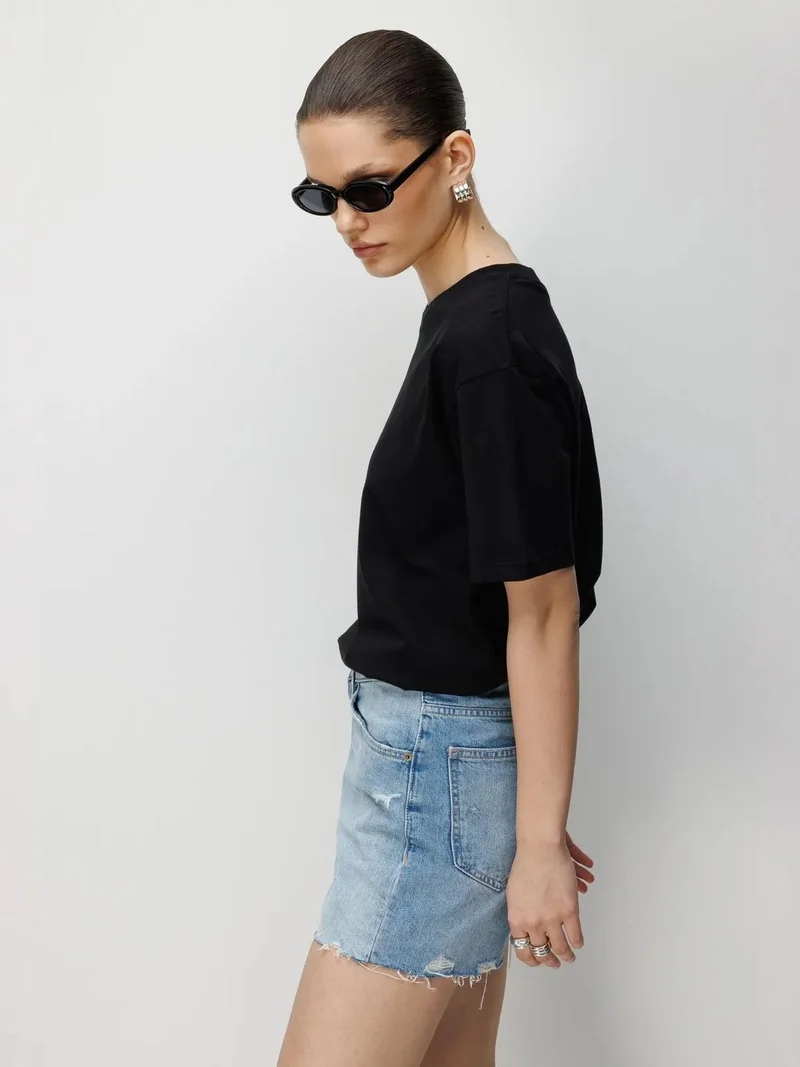 Mixray Black MIXRAY Oversized Ribbed Crew Neck T-Shirt for Women | Best Price UAE