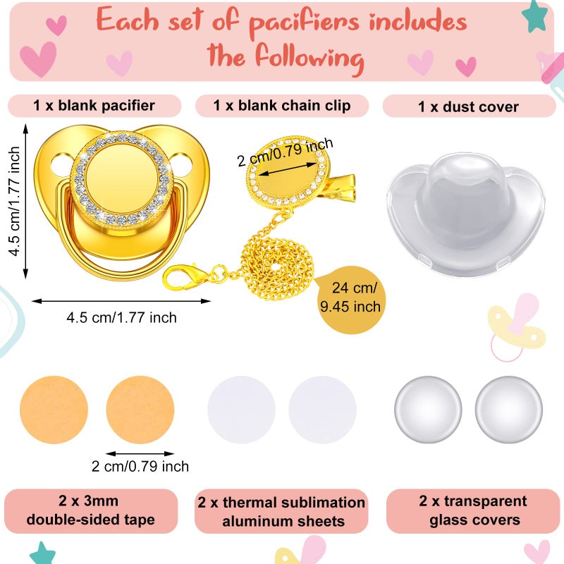 تونديامو 3 Pieces Sublimation Pacifier Set Name Custom Baby Bling Pacifier Clip Glitter Personalized Artificial Crystal Decoration for Girl Boys Baby with Blanks - Image 2