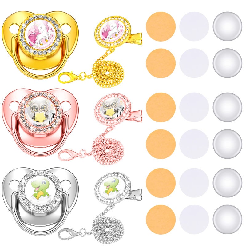 تونديامو 3 Pieces Sublimation Pacifier Set Name Custom Baby Bling Pacifier Clip Glitter Personalized Artificial Crystal Decoration for Girl Boys Baby with Blanks - Image 1