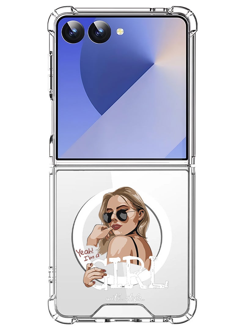 Theodor Magnetic Case for Samsung Galaxy Z Flip 7 Compatible with MagSafe Wireless Charging, Shockproof Phone Bumper Cover Girl with Style - White - Image 1