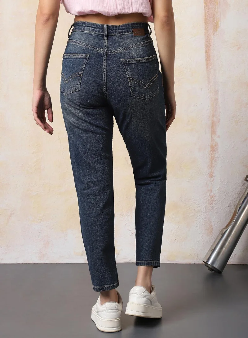 HIGH STAR Women Mom Slim Fit High-Rise Light Fade Cotton Jeans