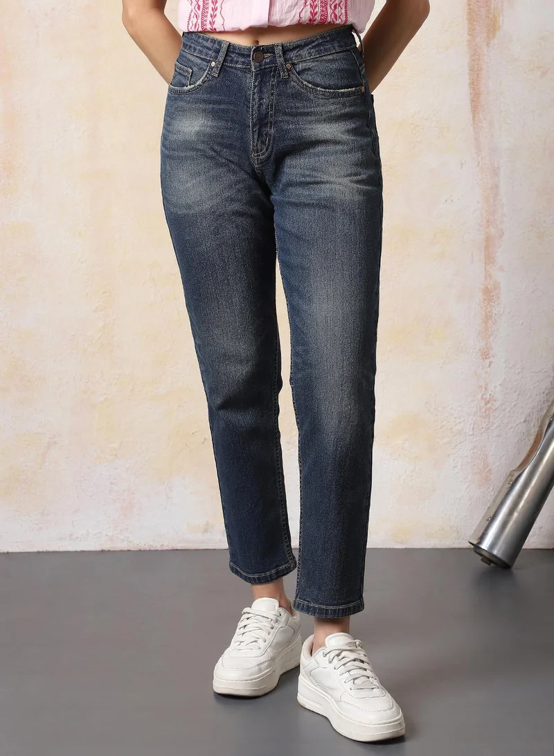 HIGH STAR Women Mom Slim Fit High-Rise Light Fade Cotton Jeans
