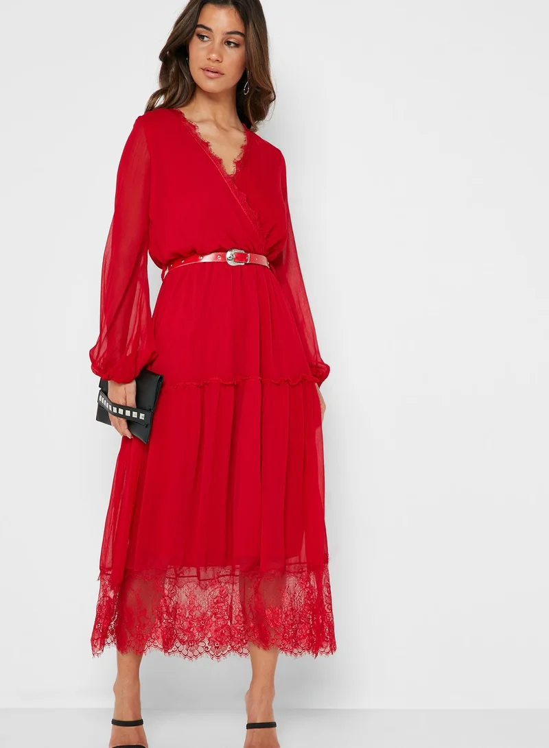 ELLA Wrap Front Lace Trim Belted Maxi Dress
