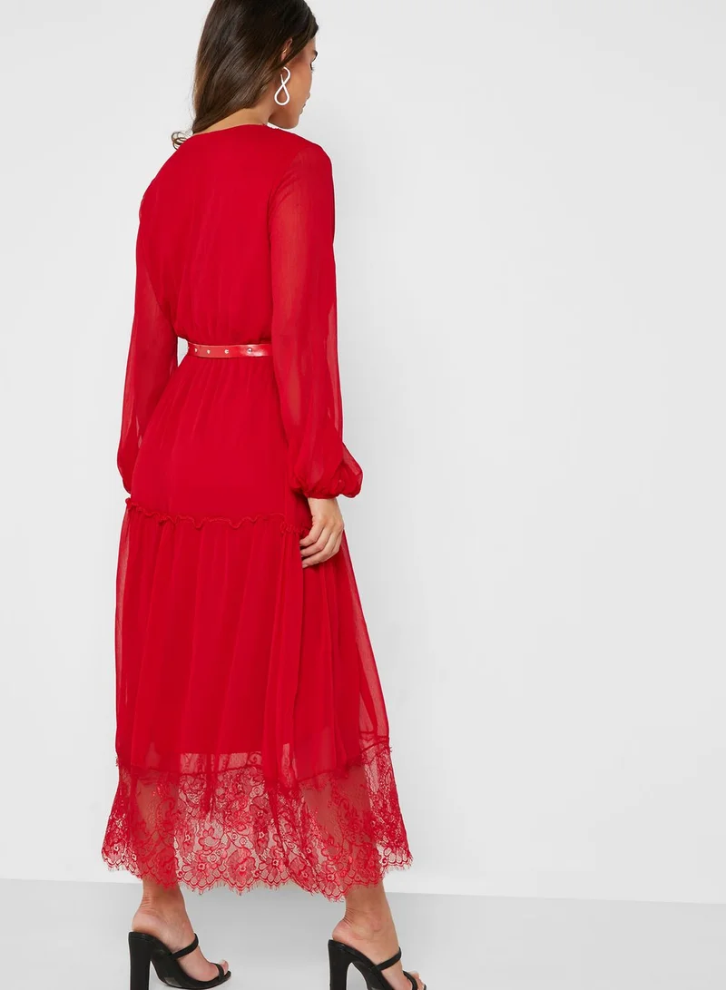 ELLA Wrap Front Lace Trim Belted Maxi Dress