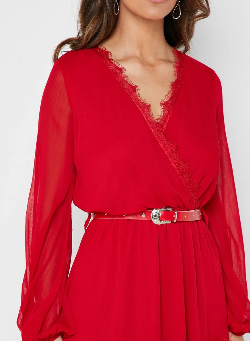 ELLA Wrap Front Lace Trim Belted Maxi Dress