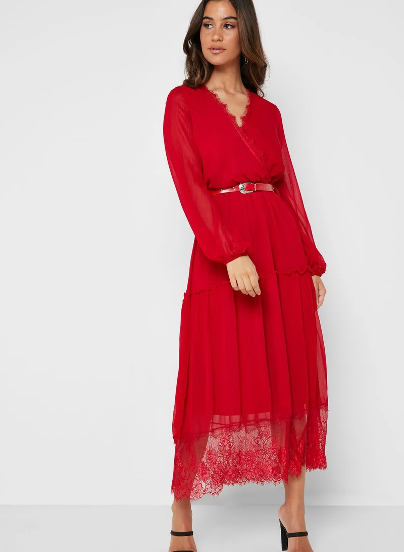 ELLA Wrap Front Lace Trim Belted Maxi Dress